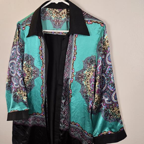 NWT Buckle Boutique Open Front Jacket Kimono Teal Black Paisley Boho MED Artsy - Picture 2 of 6